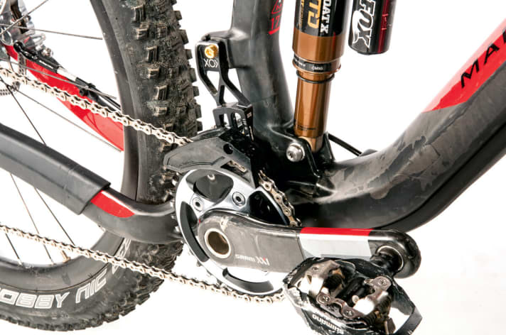   Einfach-Kettenblatt und Kettenführung sind Merkmale des Marin Mount-Vision-Top-Modells. Alle preisgünstigeren Versionen rollen mit Zwei- oder Dreifach-Kurbelgarnitur zum Kunden. Der Rahmen ist toll verarbeitet, inklusive Schutzmaßnahmen.