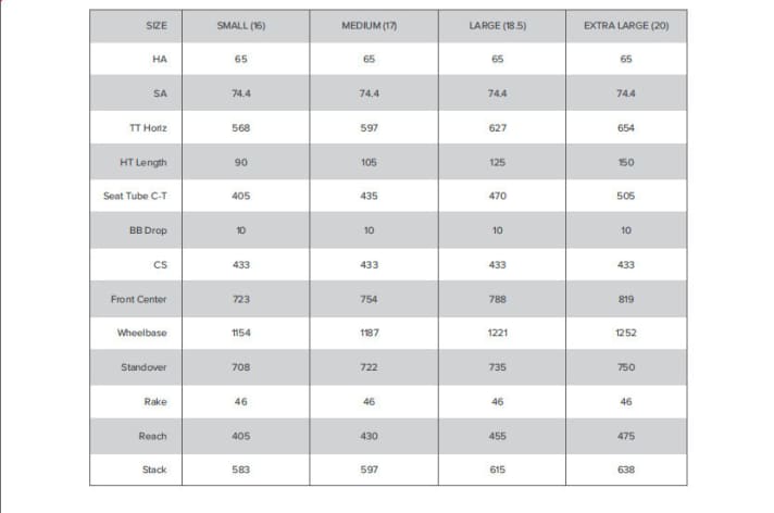   Die Geometriedaten des Felt Compulsion im Überblick.