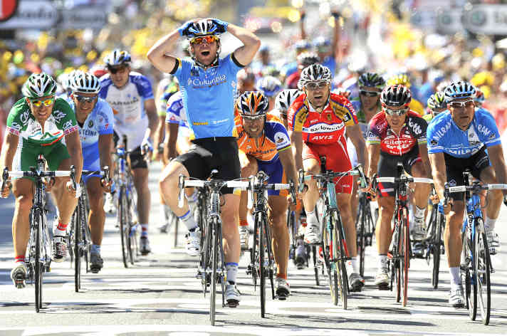 Mark Cavendish celebrates his first Tour de France stage win in Chateauroux.