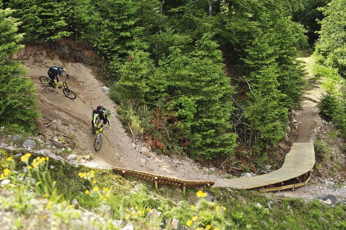   La Bresse: Für Parkeinsteiger und Enduristen empfehlen sich die blauen Trails. Sie kurven abwechslungsreich, aber mit wenig gebauten Stunts durch den Wald.