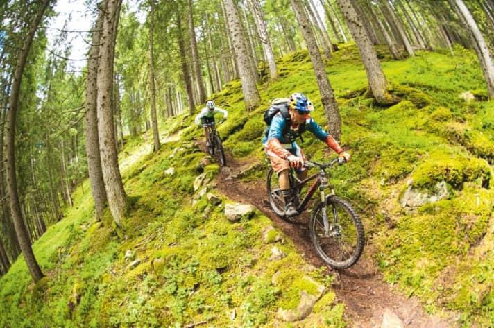   The first of three descents: the endless trail from the Karer Pass down into Val di Fassa. A little soggy after days of rain.