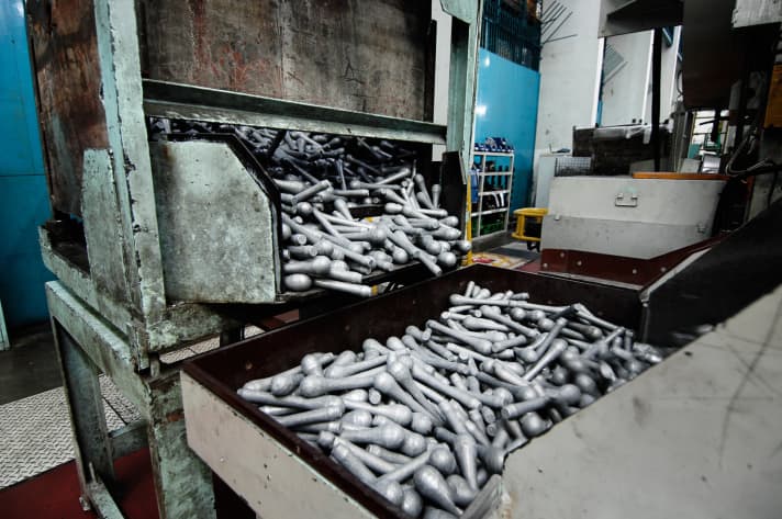   Each of these aluminium billets is forged into a crank. Shimano's largest factory produces up to 700,000 of these per month.