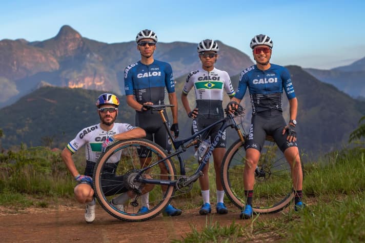 Three young Brazilian up-and-coming racers and, on the left, team captain Henrique Avancini. Avancini's UCI MTB team rides on bikes from Caloi.