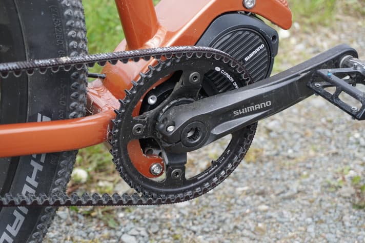   Außergewöhnliche Kombi: Gates-Riemenantrieb und Shimano Steps-Motor, aber genau das ist die Firmenphilosophie von Mitech.