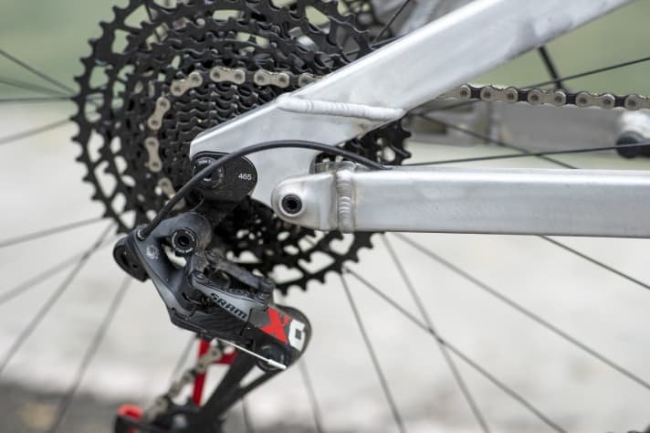   Topmodell: Die Sram X0 Eagle-Schaltung findet sich an der Highend-Variante Pro. Ebenfalls im Bild: der Flipchip zur Verstellung der Kettenstrebenlänge. So passen 27,5er oder 29er-Laufräder ins Bike. 