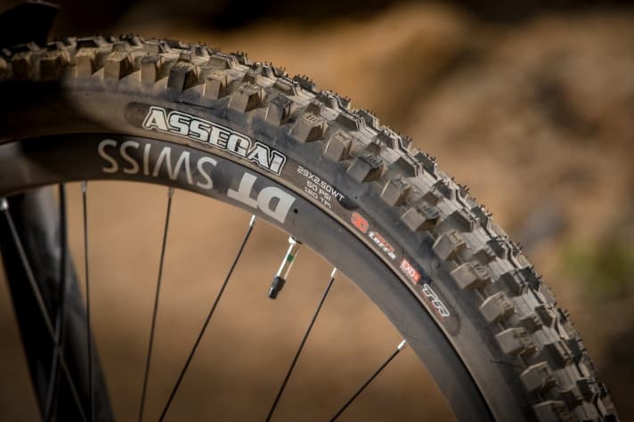   Bei allen Modellen kommt am Vorderrad der Signature-Reifen von Downhill-Star Greg Minnaar, Maxxis' Assegai, zum Einsatz. Die verstärkte Karkasse Exo+ gibt´s an Vorder- wie Hinterrad.