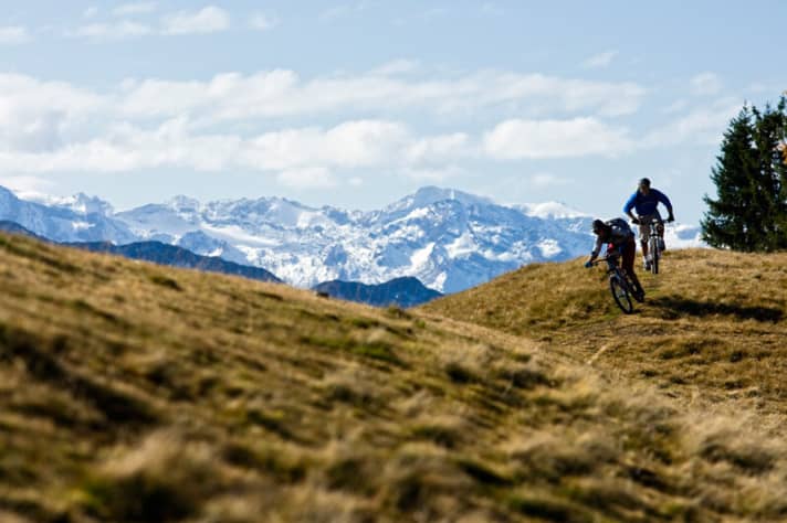   Panorama bis in den Alpenhauptkamm. Oben ist der Trail noch so sanft, dass man zwischendurch einen Panorama-Blick riskieren kann.
