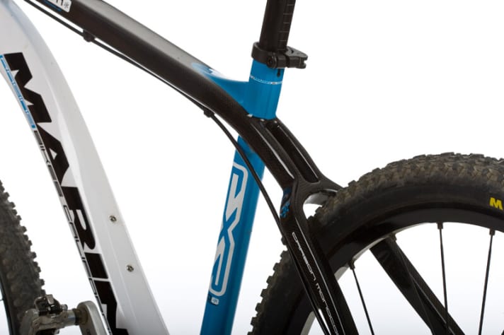   Marin's carbon rocket impresses with its unique look and unusual shapes. Example: the twin seat stays.