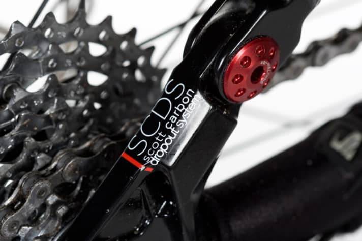   Falsch ausgezeichnet? Der Sticker sagt: Carbon Dropout System. Die Ausfallenden sind jedoch aus Alu.