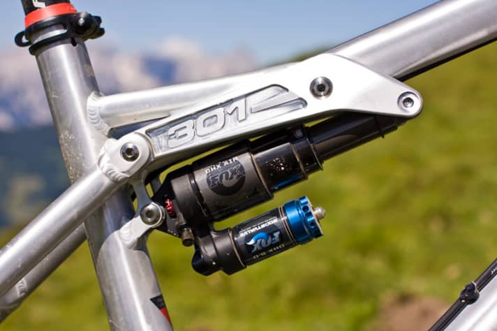   Neue Wippe und längerer DHX-Dämpfer mit mehr Hub sorgen für 170 mm Federweg. In der vorderen Aufnahme sitzt ein Nadellager.