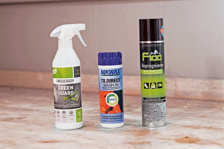   Imprägniermittel im Überblick: Green Guard (li.), Nikwax (mi.) und Dr. Wack.