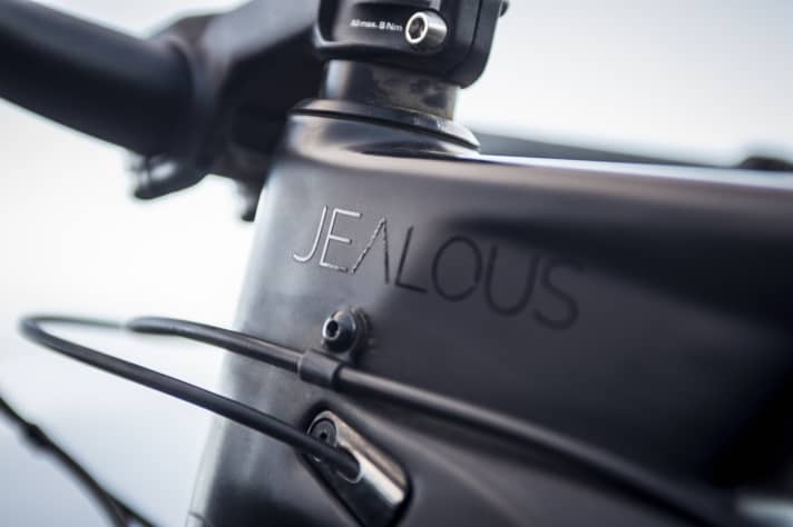   Die Bremsleitung verläuft außen, die Schaltzüge innen im Rahmen.