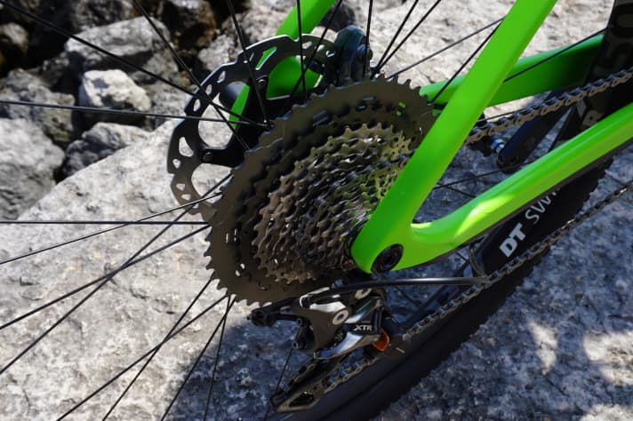   Bei der Einfach-Variante des Rose Psycho Path 3 wird für eine große Gangspreizung eine Shimano-Kassette mit 11-46 Zähnen verbaut.