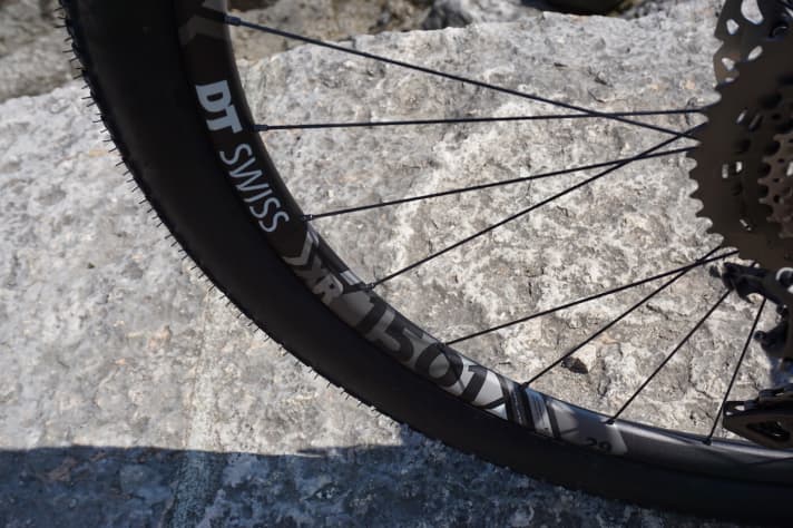   Die DT Swiss Alu-Laufräder haben eine Maulweite von 22,5 Millimeter und 142x12 beziehungsweise 100x15 Millimeter-Achsen.