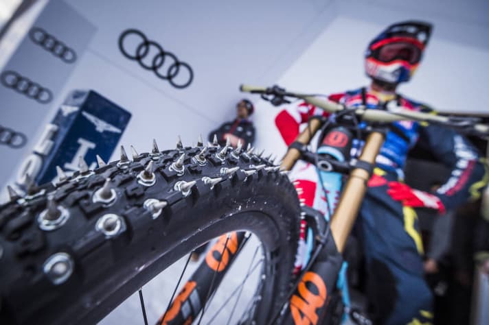 15 millimetre studs adorn the tyres of Markus Stöckl's downhill bike for the ride on the Streif.