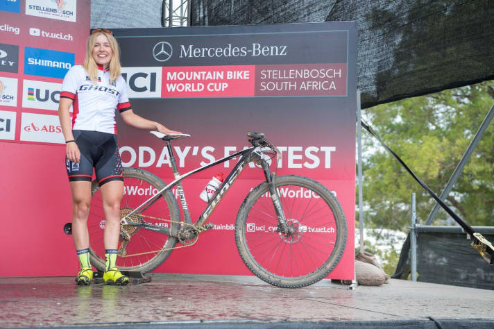   The Ghost Lector of U23 winner Marlene Degn: Tune carbon wheels, the lightweight hardtail frame and the combination of Schwalbe Thunder Burt (rear) and Racing Ralph make the bike one of the lightest in the entire World Cup circuit. However, the Dane did not want to do without the Reverb dropper post.