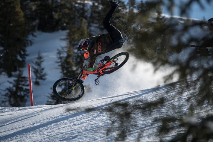   Fabio Wibmer fights to stay on his bike.