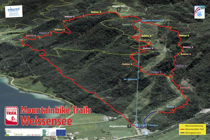   Alle drei Trails am Weißensee in Kärnten in der Übersicht, oben die Naggler Alm.