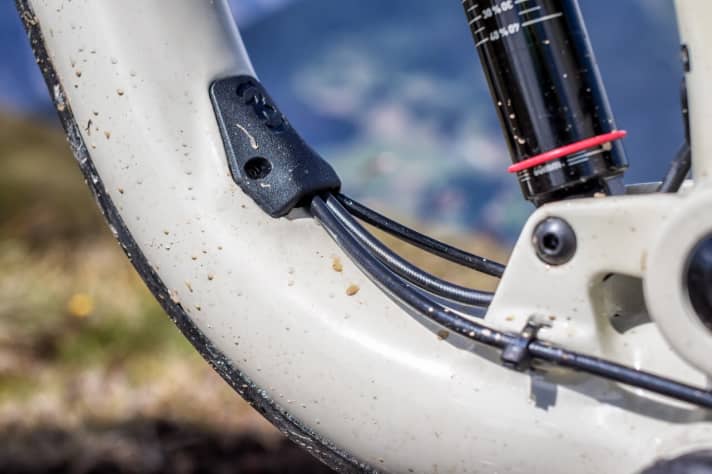   Vor dem Tretlager verlassen alle Züge das Rahmeninnere. Der hintere Schaltzug verschwindet wenig später wieder in der Kettenstrebe, …