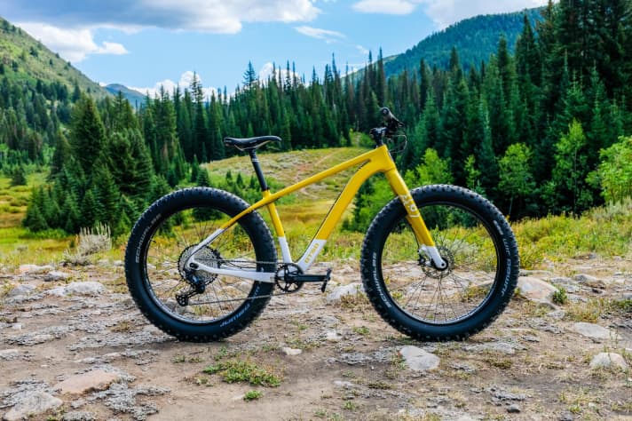 Versatility is key: the brand new <a href="https://otsocycles.com/collections/voytek-bikes" target="_blank" rel="noopener noreferrer nofollow">Otso Voytek</a> fits 26-inch fat bike tyres as well as 27.5-inch and 29-inch plus tyres and, of course, normal 29er tyres. A flip chip in the rear dropout adjusts the geometry accordingly. The US mail order company with the bear logo achieves a low Q-factor because the crank rotates in an 83 millimetre narrow press-fit bottom bracket. And because 83 mm cranks are not so common, Otso also supplies a matching Race Face part in the form of the "Frankset" (frameset + crankset), which costs the equivalent of just under 2200 euros. In the online configurator, you can select the add-on parts for the complete bikes (from just under 3100 euros) as required - for example a running fork. With four-inch wide Schwalbe tyres, the Voytek should only weigh 11.5 kilos - thanks to the rigid carbon fork.