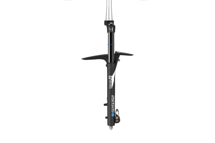   With a hollow-forged fork crown and magnesium casting, the top model of the Durolux Equaliser weighs 2120 grams. The mini mudguard is removable.