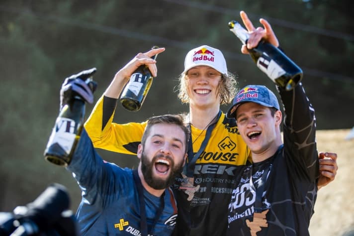   Erik Fedko finishes third in Rotorua (right) behind Nicolai Rogatkin (left) and Emil Johansson (centre).