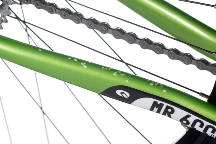   So sah die Kettenstrebe beim Conway nach unserer Test-Tour aus: Eine einfache Folie oder ein Neopren-Schutz hätten die Lackschäden am Rahmen verhindert.