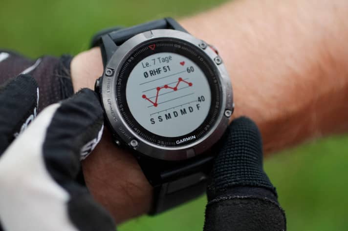   Der Ruhepuls, ein Gradmesser für Gesundheit und Trainingsstress: Die fenix zeichnet ihn durch den integrierten Herzfrequenzmesser morgen selbst auf.