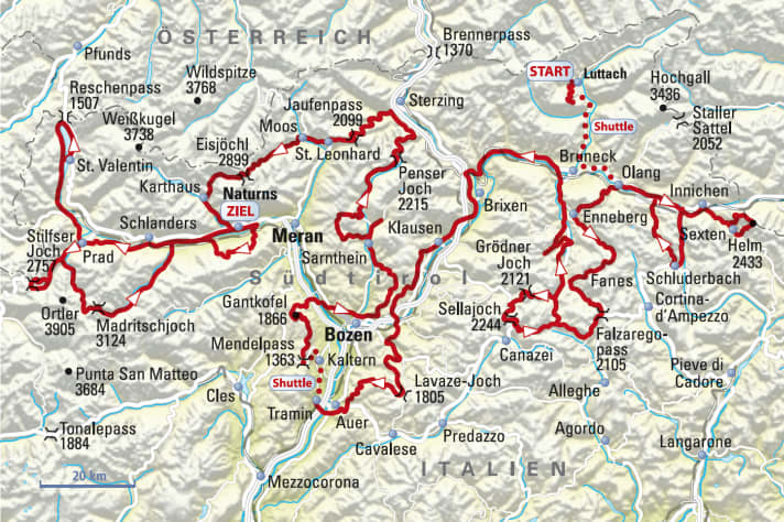   The route of the Trans-South Tyrol at a glance We started in Luttach, relatively far in the east of South Tyrol, and then cranked our way across the Dolomites towards the lowlands, choosing a nice mix of alpine trails and tarmac roads. Towards Vinschgau, the stages became more and more trail-heavy and stretched out. After 21 days, we finally reached my home village of Naturns with a nice diversions over the Reschen Pass and the Stilfserjoch.