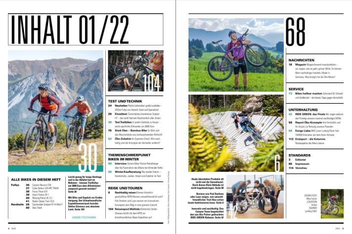 Contents of the green issue: World premiere bike PROJECT: ride green, the maximum sustainable MTB, plus bikes and eco-accessories in the test and the focus on biking in winter - now in BIKE 1/2022.