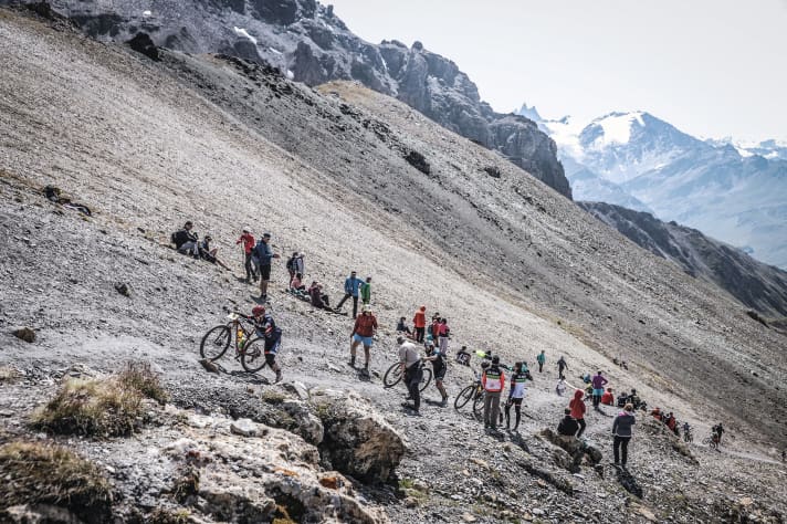   The infamous push section on the Pas de Lona is the final endurance test of the Grand Raid MTB Marathon from Verbier to Grimentz.
