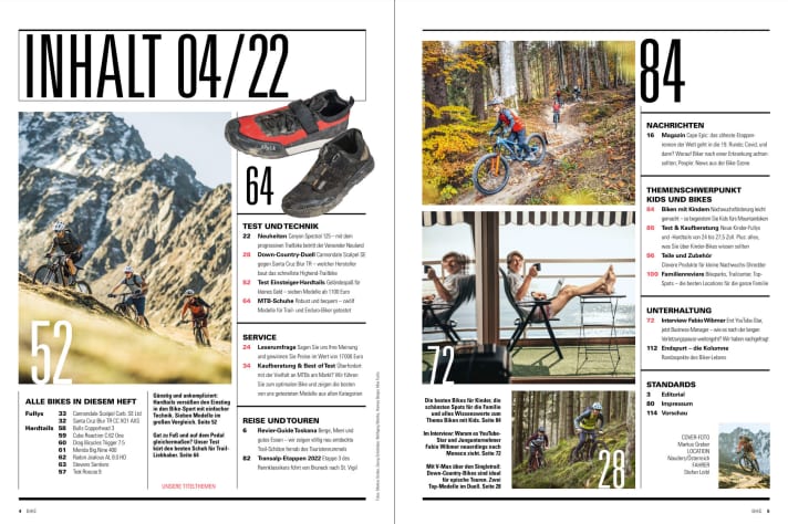 Contents: Top trail bikes in a duel & beginner hardtails in the test - plus over 25 pages on the subject of kids & bikes - now in BIKE 04/2022.
