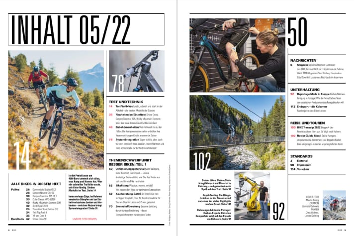 Contents: Trail bikes in comparison & 2022 innovations in individual tests - plus part 1 of our new series "Better biking" with tips on sitting and nutrition - now in BIKE 05/2022.