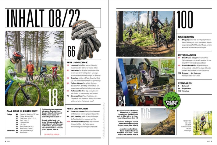 Issue 08/2022: Tyres in the test (part 1); 6 bikes in the reader test; start of our new series "BIKE Project Europe" - read the new <a href="https://shop.delius-klasing.de/bike-08-2022-p-BIK-2022-08/" target="_blank" rel="noopener noreferrer">BIKE now!</a>