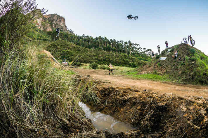 Clemens Kaudela jumps the biggest MTB jump in the world, the 110 (37 metres). l Photo: Eric Palmer