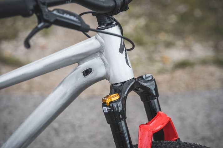 Innenverlegte Leitungen sind eine Seltenheit an Dirtbikes. Der hochwertige Rahmen des Specialized P4 ist sogar für einen intern geführten Schaltzug und eine Variostütze vorbereitet.