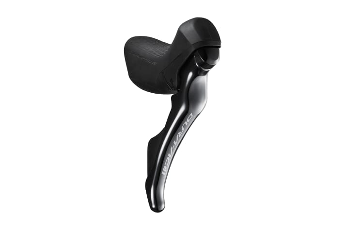 The shift/brake lever of the Shimano Dura-Ace R9100.