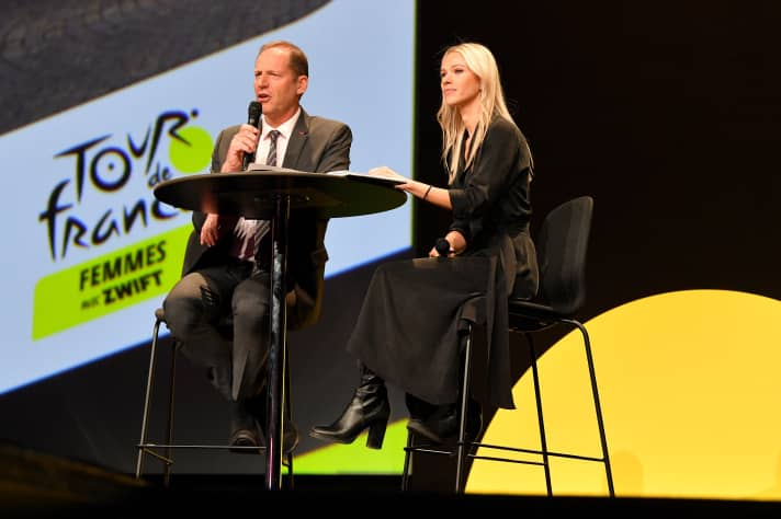 Marion Rousse et Christian Prudhomme lors de la présentation du parcours en octobre 2021