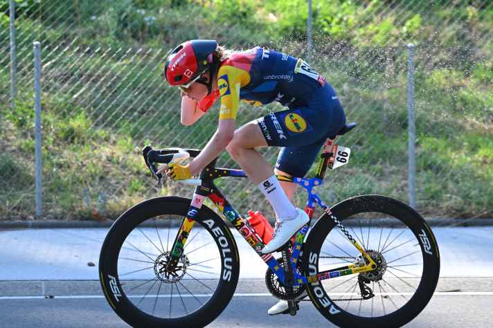 GENEVA, SWITZERLAND - AUGUST 02: Riejanne Markus of Netherlands and Team Lidl - Trek competes in the breakaway during the 5th Tour de France Femmes 2026, Stage 2 a 147.9km stage from Aigle to Geneva / #UCIWWT / on August 02, 2026 in Geneva, Switzerland. (Photo by Tim de Waele/Getty Images)
