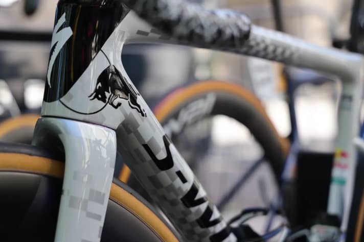 Im Vergleich zu dem Rad, mit dem Remco Evenepoel bis zu seinem Tour-Aus unterwegs war, ist hier ein Bulle auf dem Steuerrohr