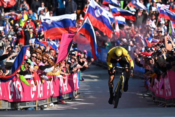 Primoz Roglic on his way to victory in the mountain time trial on stage 20 of the Giro d'Italia 2023