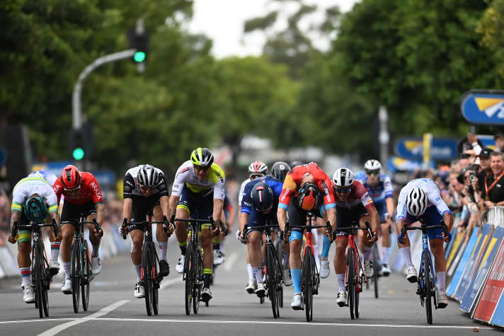 Photo finish! Phil Bauhaus narrowly prevails against Caleb Ewan and Michael Matthews.