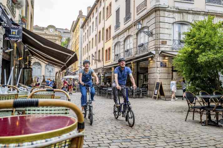 Cobblestones characterise the narrow streets in the old town of Vieux Lyon