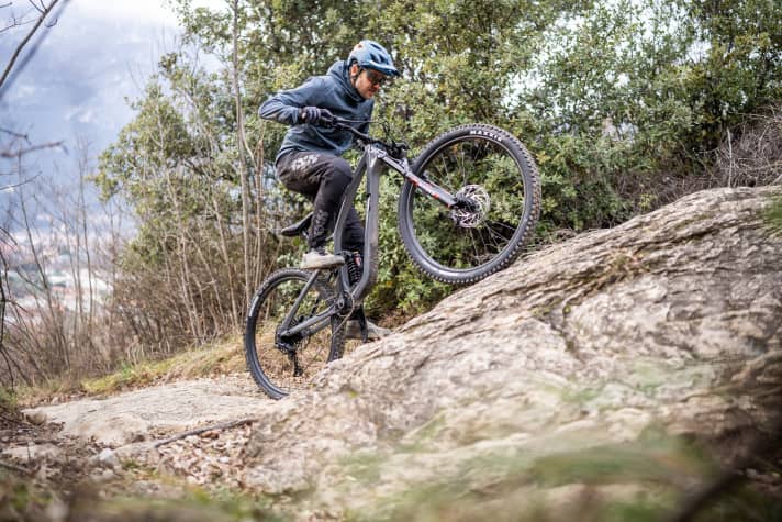 Despite being overweight, the GT cuts a fine figure on technical climbs. The tyres and rear triangle provide the best traction.