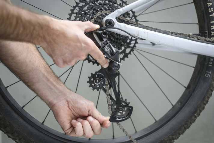 The cage lock on a Sram rear derailleur makes it easy to slacken the chain