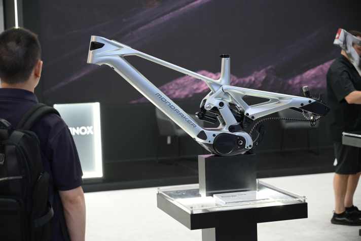 The most futuristic concept comes from Mondraker. The Spanish company has even fitted an integrated camera into the head tube of its prototype – though they won’t reveal what it’s for.