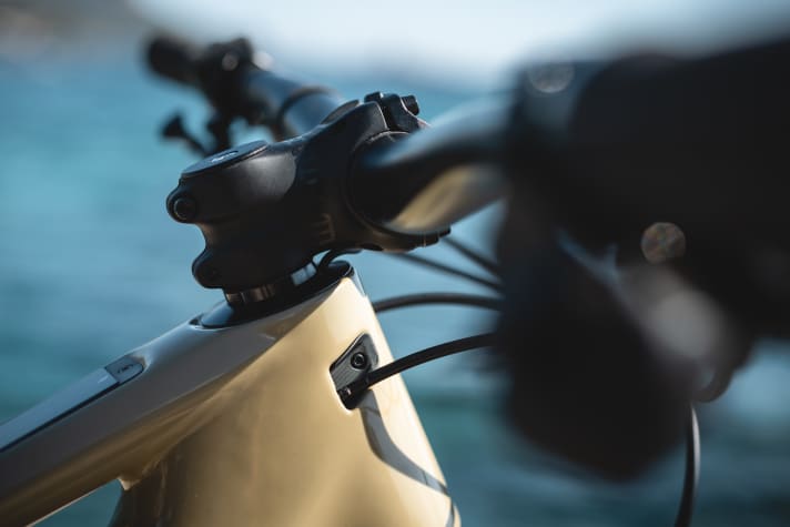 The shift cable and brake line run cleanly into the frame in the head tube area. The Swiss company BMC has dispensed with a complex routing through the headset.