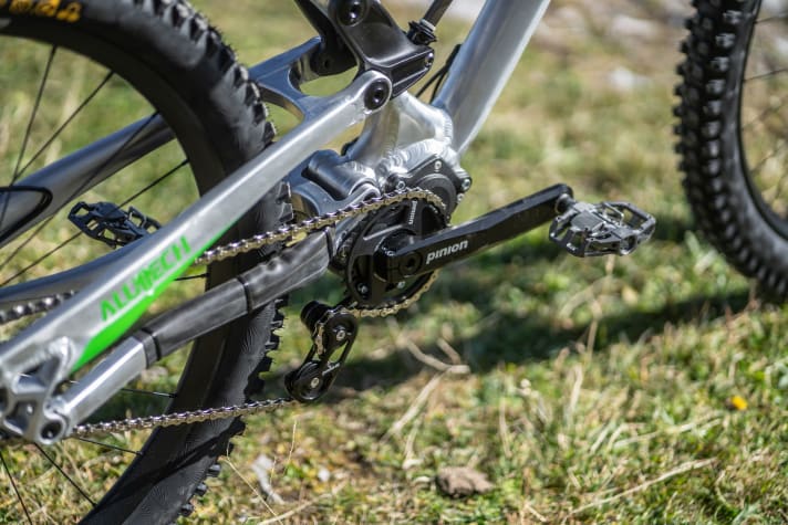 Unser Europa-Bike schaltet mit einem deutschen Pinion-Getriebe. Die Time-Pedale und die Sram-Kette kommen aus Portugal.