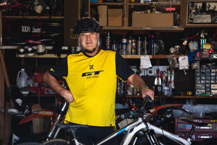 Hans Rey today: Here in his garage in Laguna Beach.