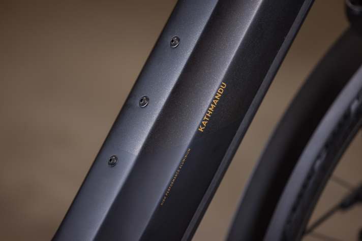 Cleane Optik in schwarz-gold: Der Aluminium-Rahmen ist sauber verarbeitet, im Unterrohr ist der Bosch PowerTube Akku integriert. Die Züge verlaufen innenliegend.